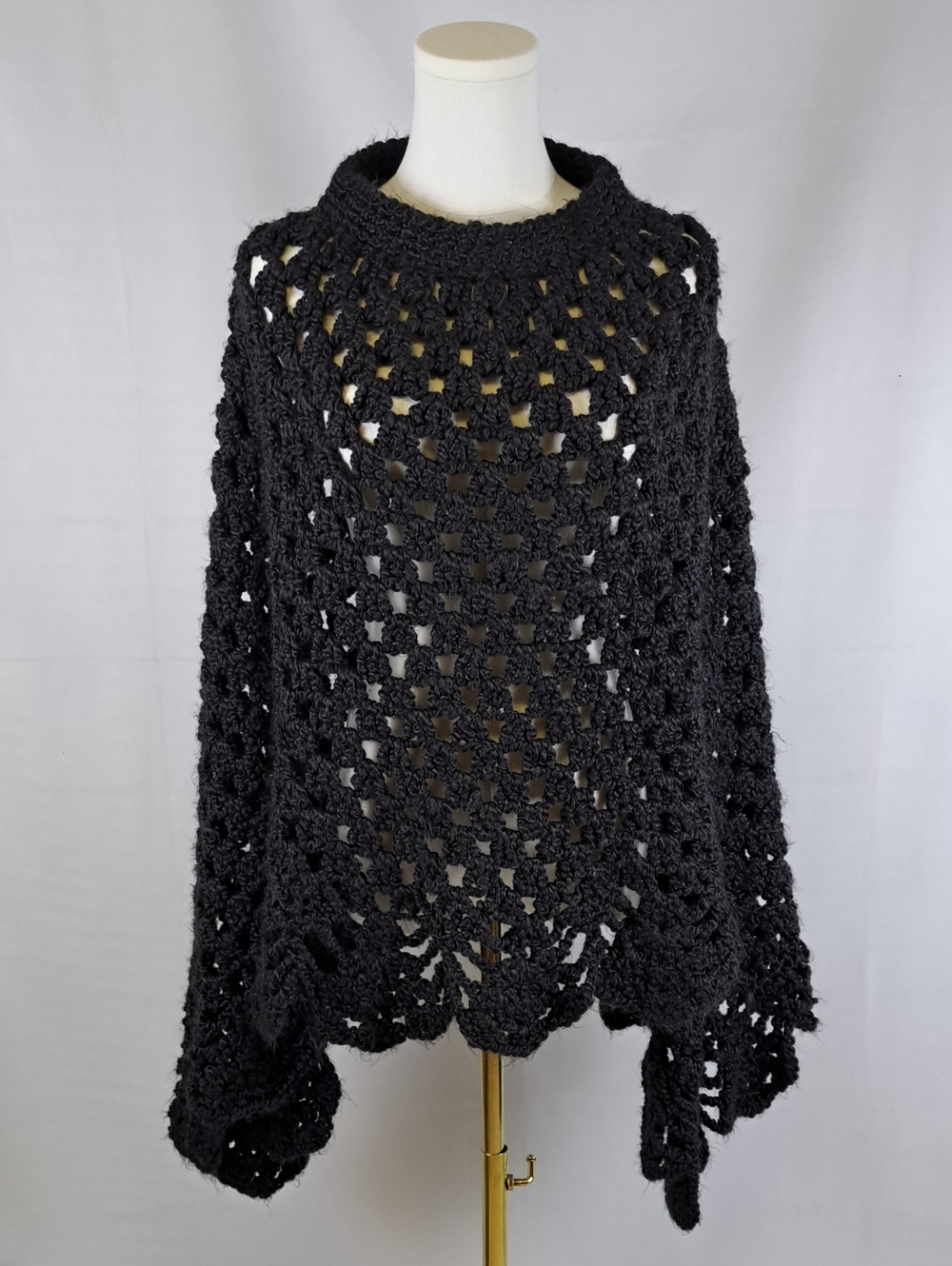 Black Crochet Open Knit Poncho Sweater Women’s One Size Boho Fringe Shrug